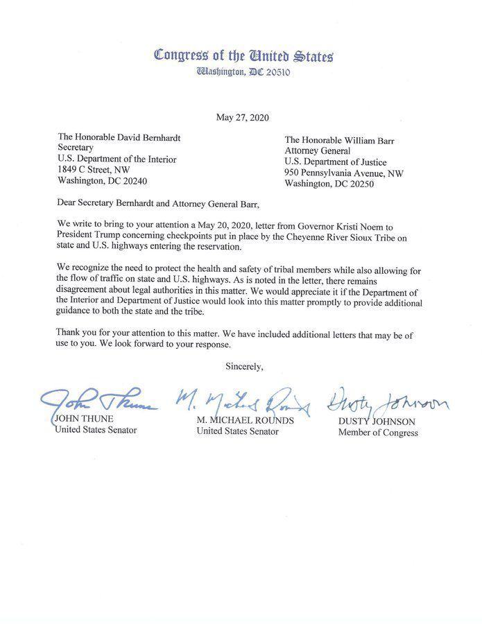 Checkpoints letter from SD congressional delegation